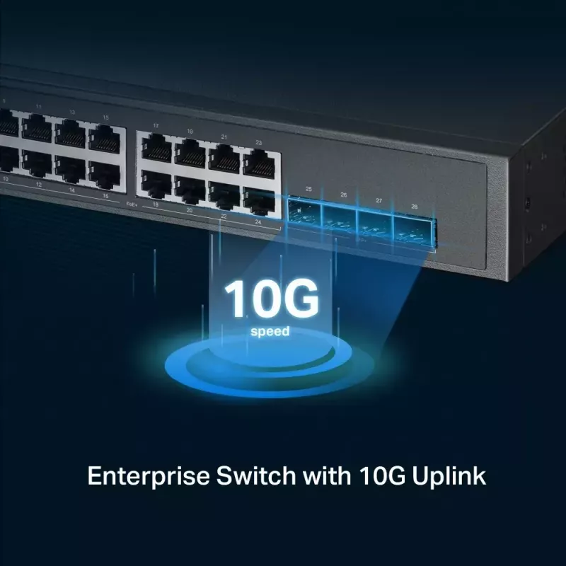 TP-Link Omada Switch gerido L2+ 24 portas 2.5GBASE-T e 4 portas 10GE SFP+ com 16 portas PoE+ & 8 portas PoE++