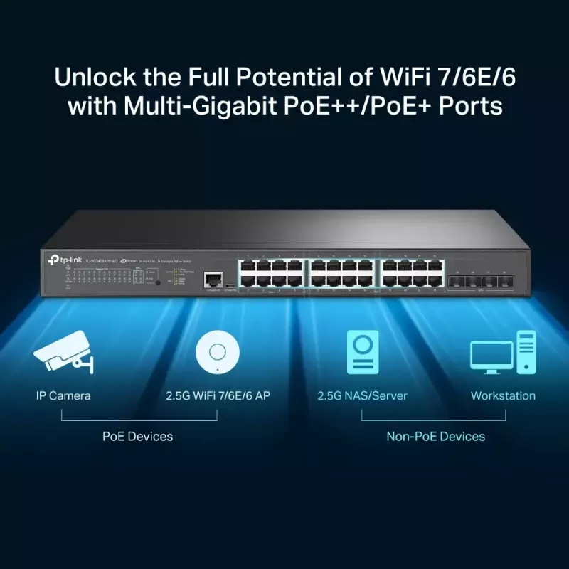 TP-Link Omada Switch gerido L2+ 24 portas 2.5GBASE-T e 4 portas 10GE SFP+ com 16 portas PoE+ & 8 portas PoE++