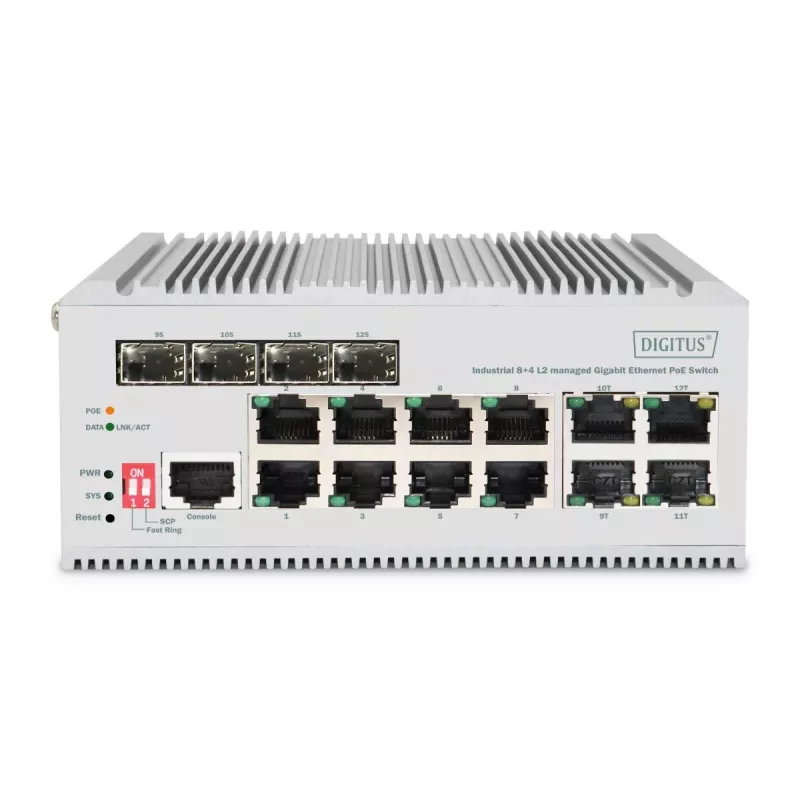DIGITUS switch de rede Gigabit Ethernet PoE - 8 portas industrial, L2 gerido, 4 uplink SFP