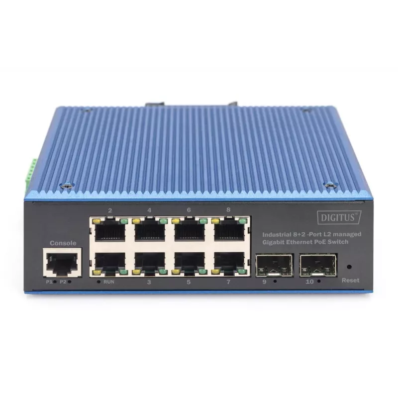 DIGITUS switch Ethernet PoE Gigabit L2 gerido industrial 8+2 portas 8xGE RJ45 + 2 portas SFP IEEE802.3at (30W)