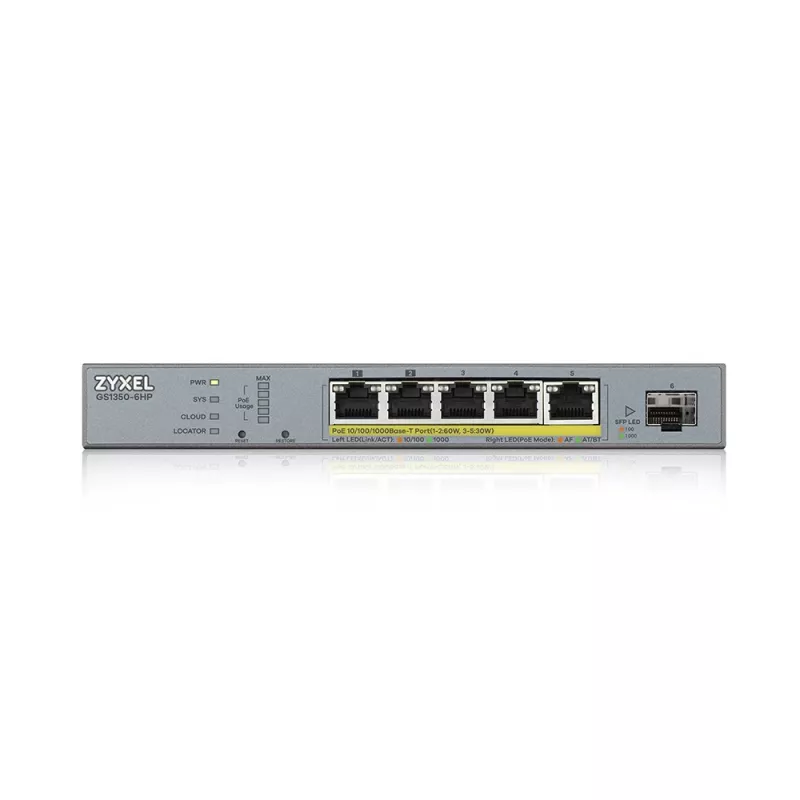 Switch de rede Zyxel GS1350-6HP-EU0101F gerido L2 Gigabit Ethernet (10/100/1000) Power over Ethernet (PoE) cinzento