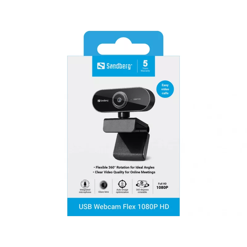 Webcam USB Sandberg Flex 1080P HD, 2 MP, 1920 x 1080 píxeis, Full HD, 30 fps, USB, preto