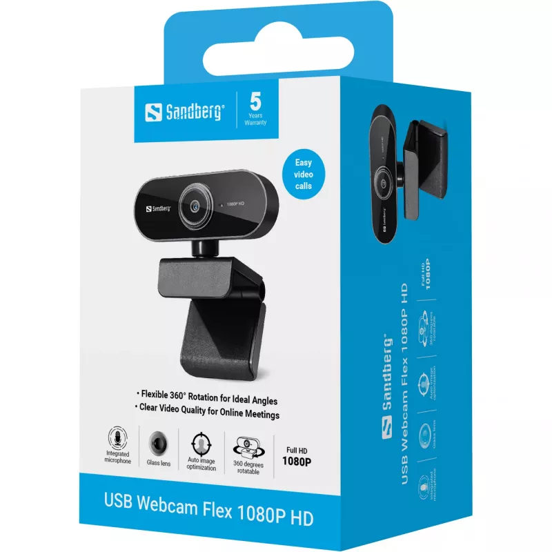 Webcam USB Sandberg Flex 1080P HD, 2 MP, 1920 x 1080 píxeis, Full HD, 30 fps, USB, preto