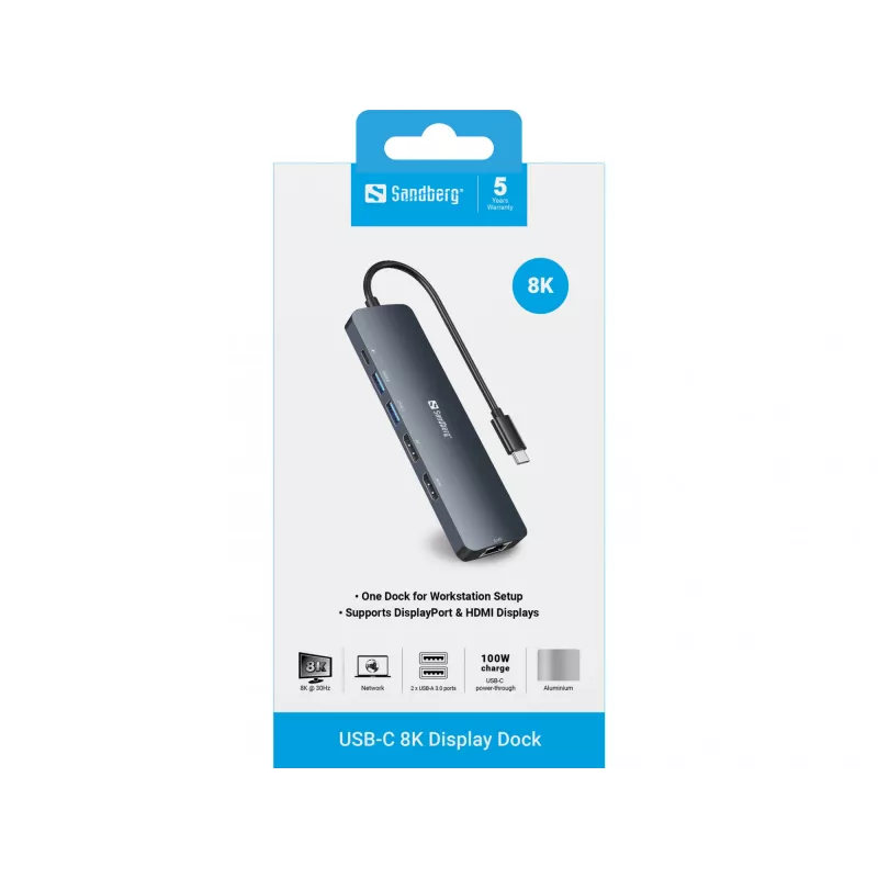 Dock de ecrã Sandberg USB-C 8K USB 3.2 Gen 1 Type-C 100W Power Delivery