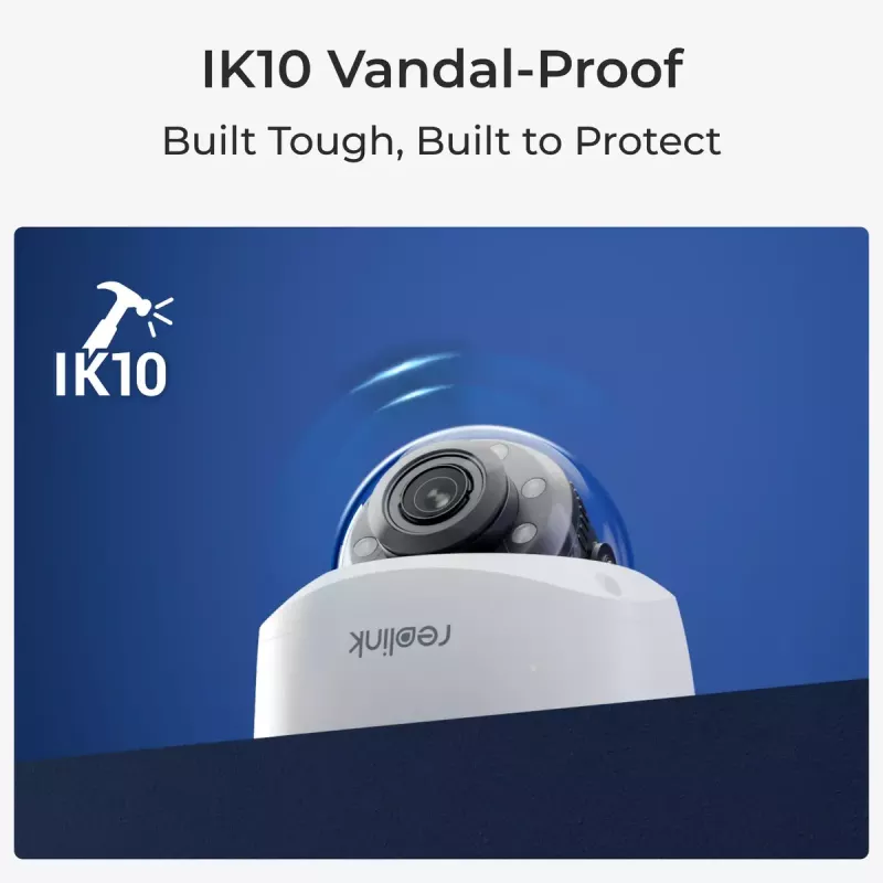Reolink P437 câmara de segurança IP dome 4K PoE, 8 MP 3840x2160, zoom ótico 5x 2,7–13,5 mm, visão noturna a cores, H.265, IK10, IP67, microSD até 256 GB, branca