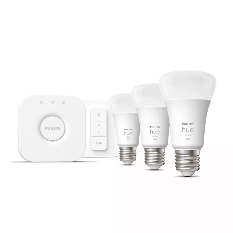 Philips Hue White Starterkit: 3 lâmpadas inteligentes E27 (1100) + interruptor de regulação