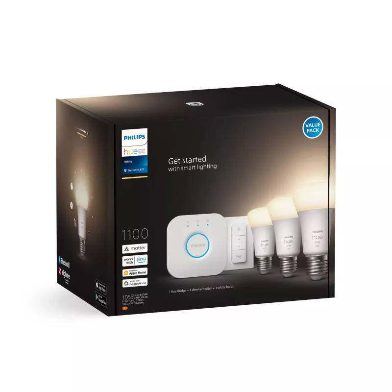 Philips Hue White Starterkit: 3 lâmpadas inteligentes E27 (1100) + interruptor de regulação