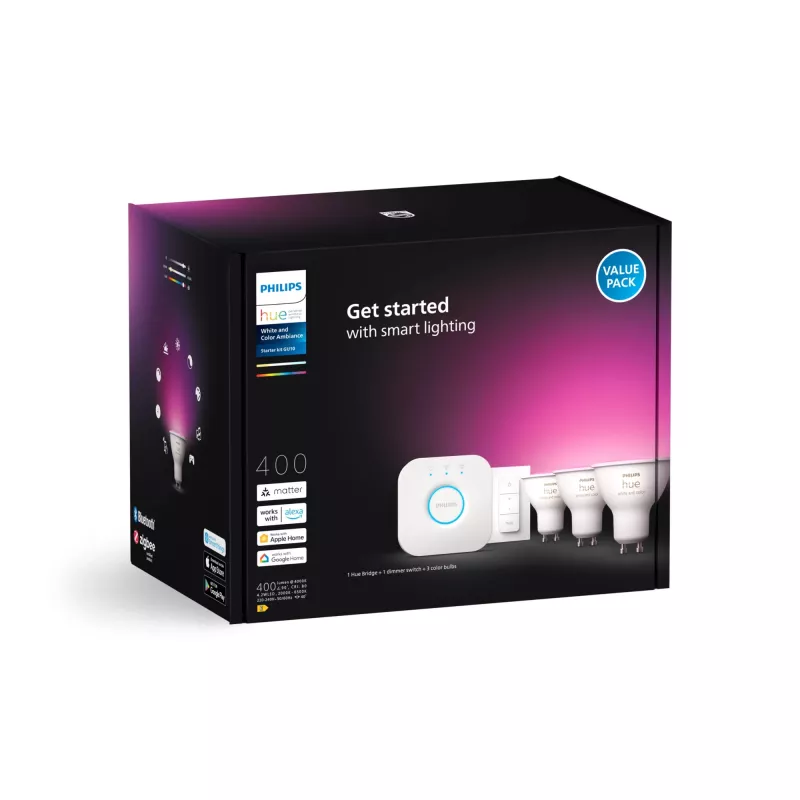 Philips Hue White and Colour Ambience Starter-Kit: 3 focos inteligentes GU10 + interruptor de regulação
