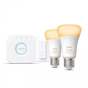 Conjunto de início Philips Hue White Ambiance: 2 lâmpadas inteligentes E27 (1100) + interruptor regulador