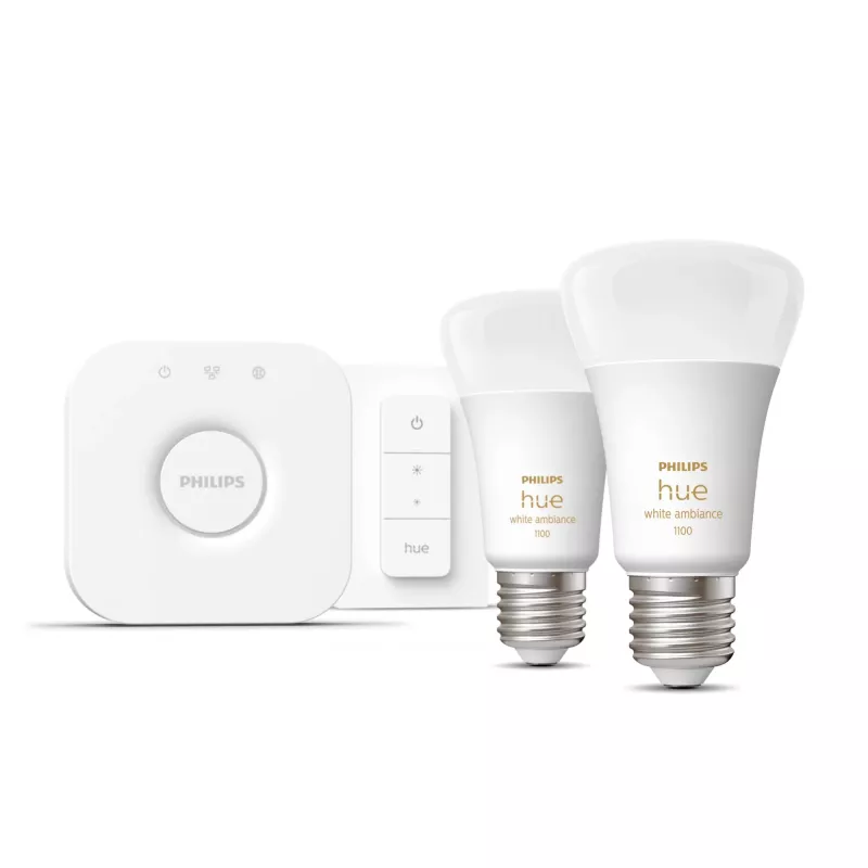 Conjunto de início Philips Hue White Ambiance: 2 lâmpadas inteligentes E27 (1100) + interruptor regulador