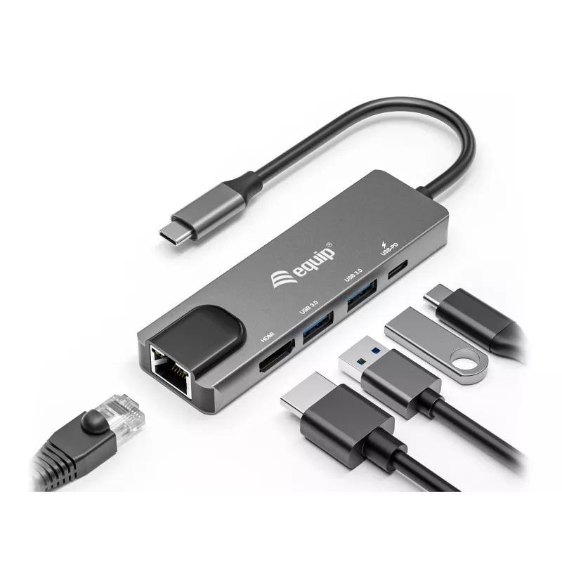 Equip adaptador multifunções USB-C 5 em 1, HDMI, Gigabit LAN, USB 3.2 Gen1, 100W USB PD