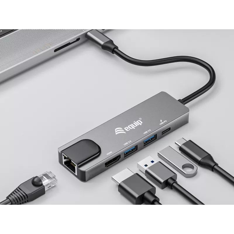 Equip adaptador multifunções USB-C 5 em 1, HDMI, Gigabit LAN, USB 3.2 Gen1, 100W USB PD