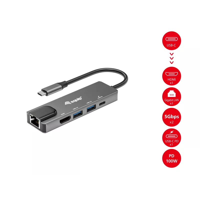 Equip adaptador multifunções USB-C 5 em 1, HDMI, Gigabit LAN, USB 3.2 Gen1, 100W USB PD