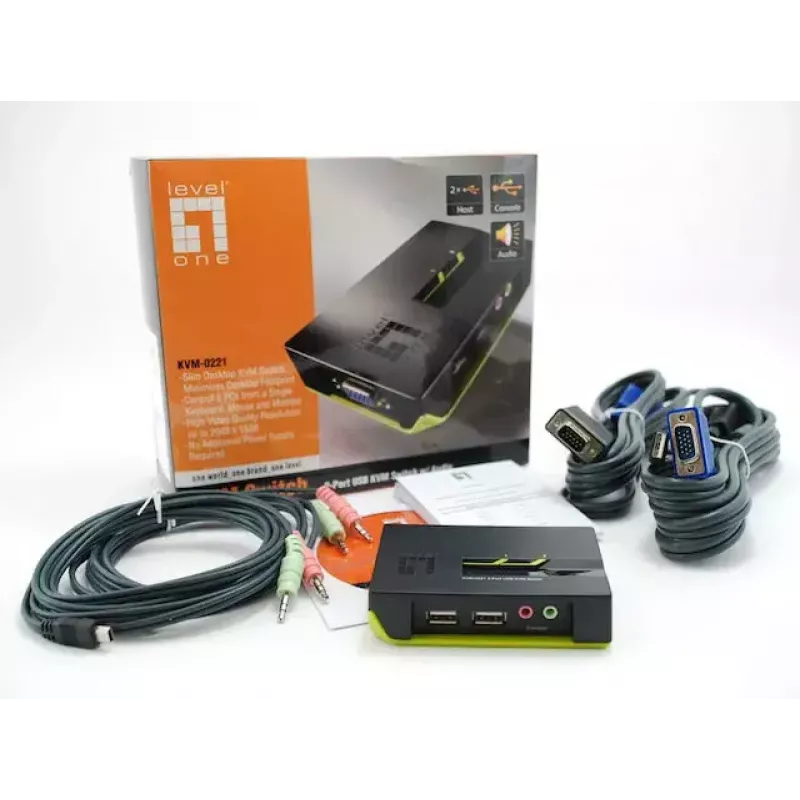 LevelOne Comutador KVM USB VGA de 2 portas, Suporte de áudio