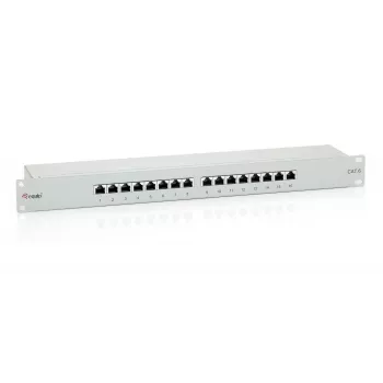 Equip Painel de ligação Cat.6 blindado de 16 portas, Cinzento claro, RJ-45, Dourado, Cat6, Montagem em rack, 1U, Cinzento