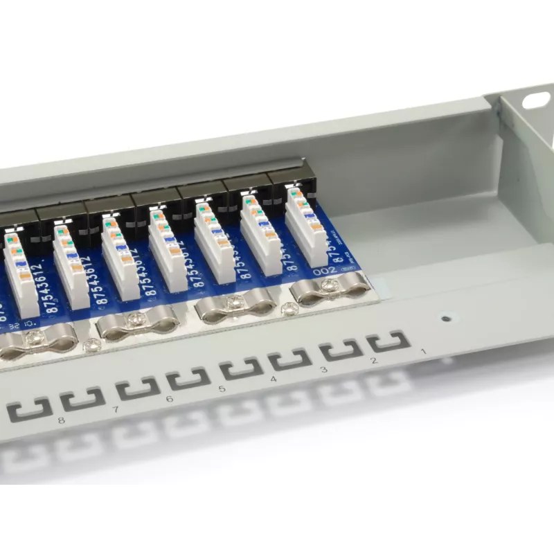 Equip Painel de ligação Cat.6 blindado de 16 portas, Cinzento claro, RJ-45, Dourado, Cat6, Montagem em rack, 1U, Cinzento