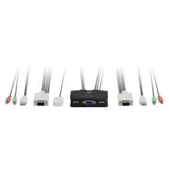 Switch KVM LevelOne 2 portas USB VGA com cabos, suporte de áudio, 2048 x 1536 píxeis, preto