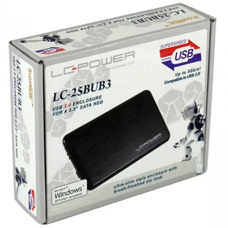 Caixa externa LC-Power LC-25BUB3 para HDD SATA de 2,5 polegadas, USB 3.0, alumínio/preto