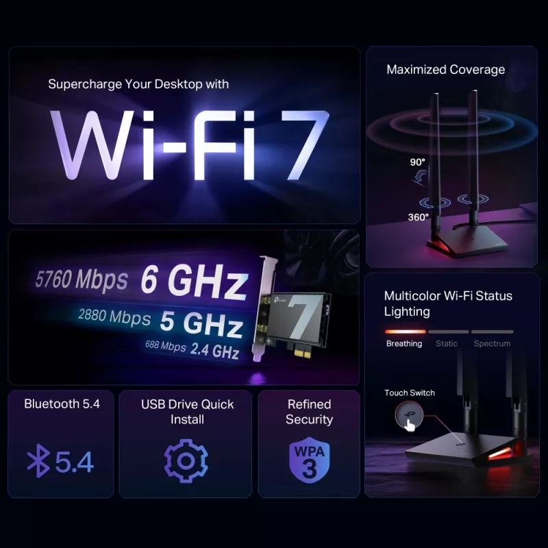 Adaptador PCIe TP-Link Archer BE9300 Wi-Fi 7 Bluetooth 5.4