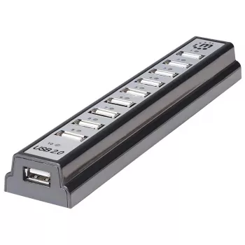 Hub de secretária Manhattan USB-A 10 portas, 10x portas USB-A, 480 Mbit/s (USB 2.0), alimentação via USB ou fonte de alimentação externa (não incluída) para maior potência nos dispositivos ligados