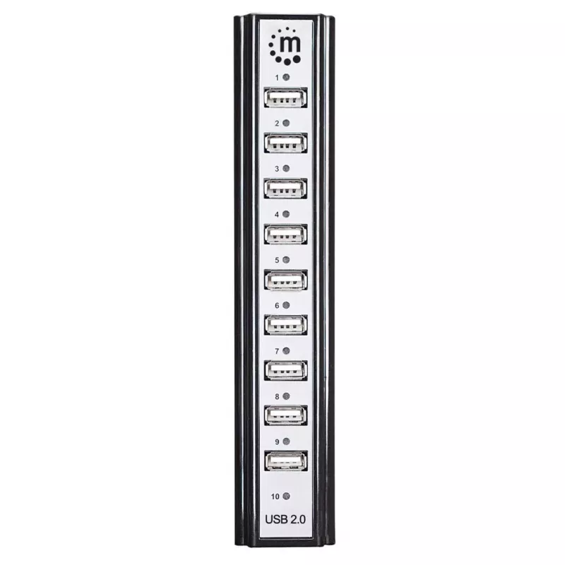 Hub de secretária Manhattan USB-A 10 portas, 10x portas USB-A, 480 Mbit/s (USB 2.0), alimentação via USB ou fonte de alimentação externa (não incluída) para maior potência nos dispositivos ligados