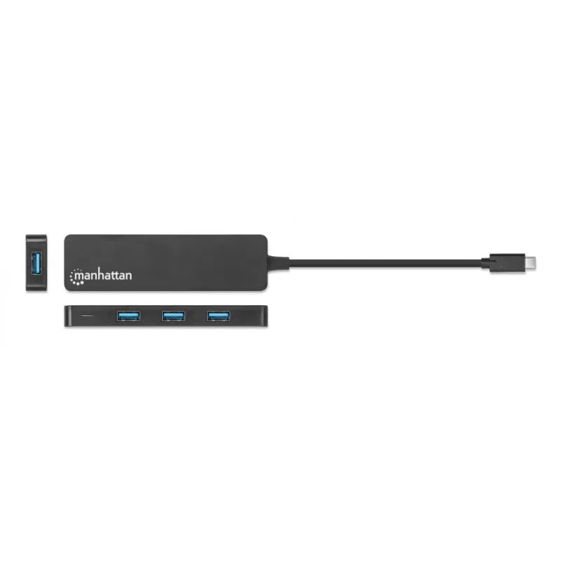 Dock/hub Manhattan USB-C, ligações (4): USB-A (x4), 5 Gbps (USB 3.2 Gen1 também conhecido como USB 3.0), alimentado por USB (não requer fonte de alimentação externa), equivalente a HB30CM4AB