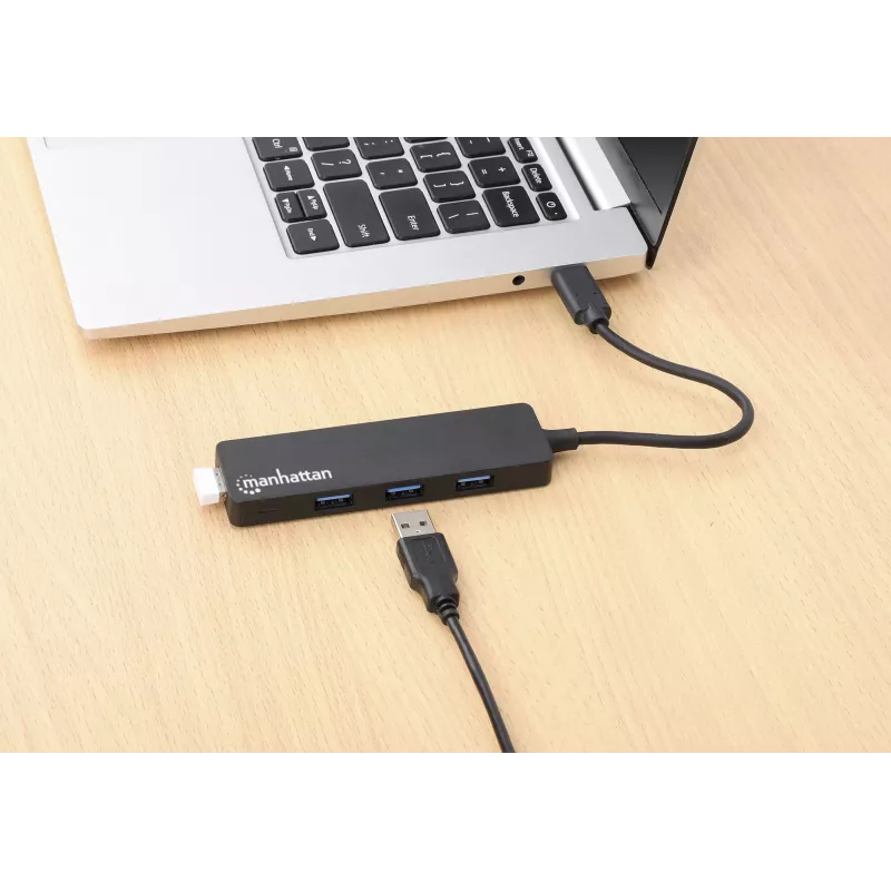 Dock/hub Manhattan USB-C, ligações (4): USB-A (x4), 5 Gbps (USB 3.2 Gen1 também conhecido como USB 3.0), alimentado por USB (não requer fonte de alimentação externa), equivalente a HB30CM4AB