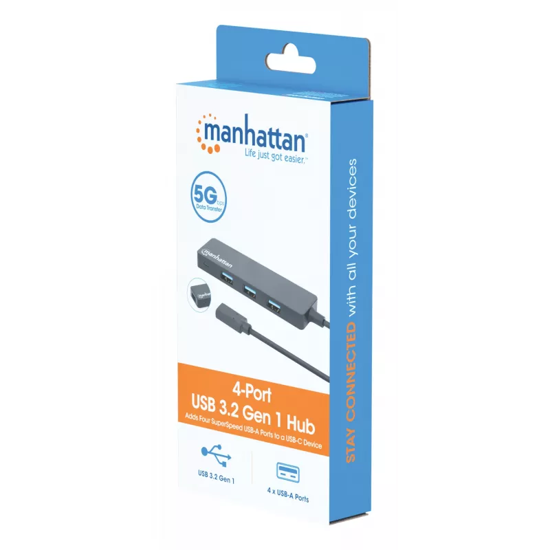 Dock/hub Manhattan USB-C, ligações (4): USB-A (x4), 5 Gbps (USB 3.2 Gen1 também conhecido como USB 3.0), alimentado por USB (não requer fonte de alimentação externa), equivalente a HB30CM4AB