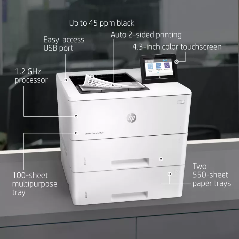 HP LaserJet Enterprise M507x, Laser, 1200 x 1200 DPI, A4, 43 ppm, Impressão frente e verso, com capacidade de rede