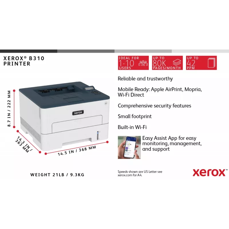 Xerox B310 A4 40ppm impressora sem fios duplex PS3 PCL5e/6 2 tabuleiros total 350 folhas
