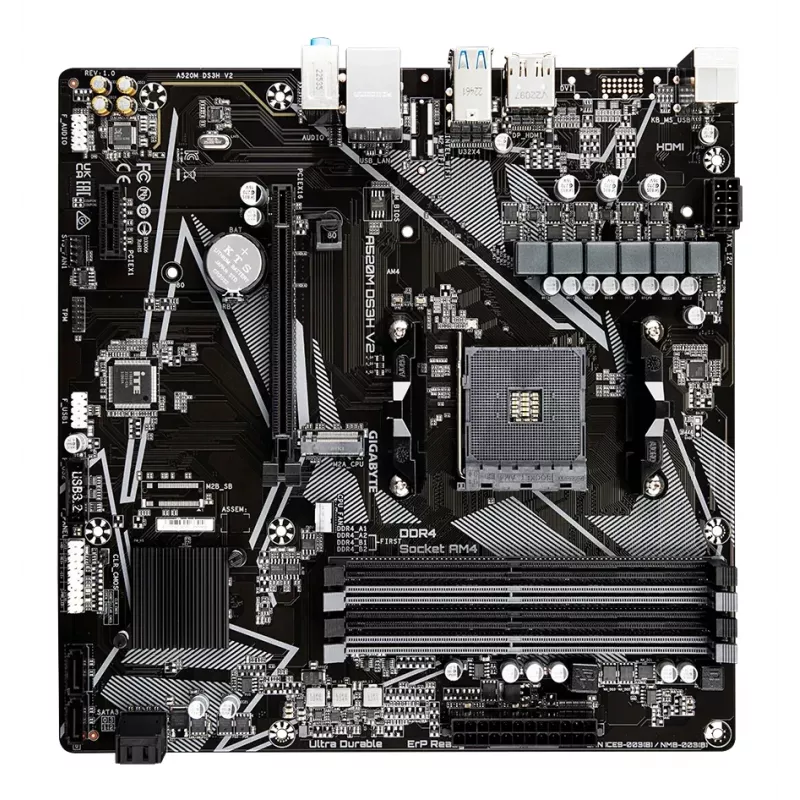 Placa-mãe GIGABYTE A520M DS3H V2 - Suporta CPUs AMD Ryzen 5000 Série AM4, até 4733 MHz DDR4 (OC), PCIe 3.0 x16, GbE LAN, USB 3.2 Gen 1