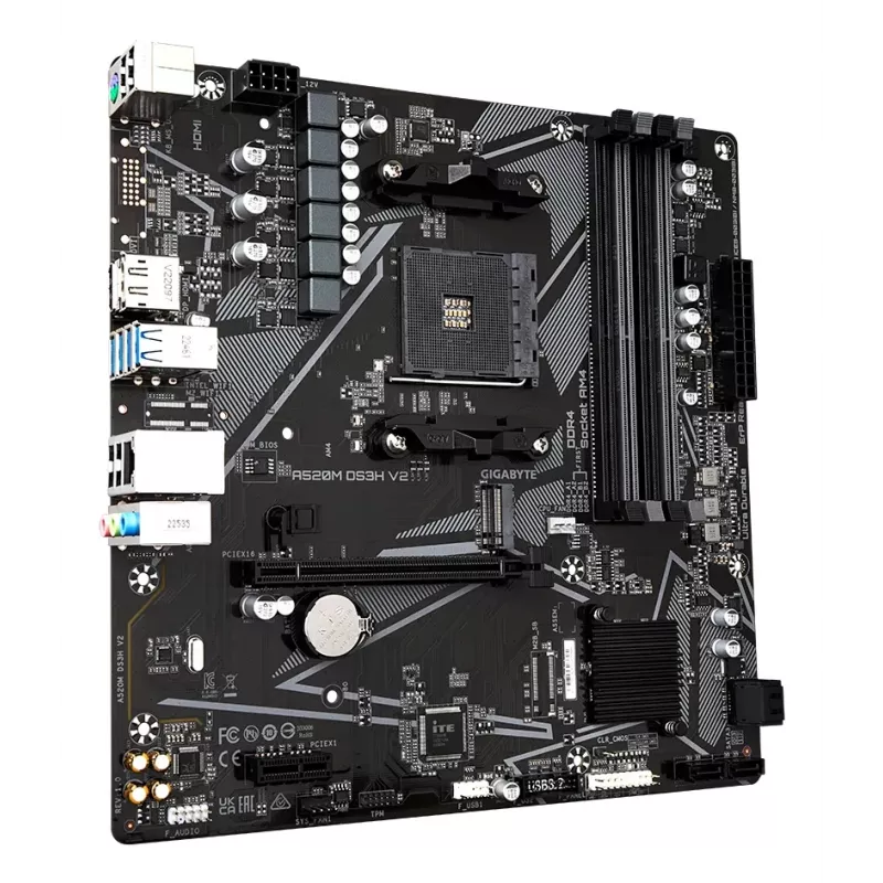 Placa-mãe GIGABYTE A520M DS3H V2 - Suporta CPUs AMD Ryzen 5000 Série AM4, até 4733 MHz DDR4 (OC), PCIe 3.0 x16, GbE LAN, USB 3.2 Gen 1
