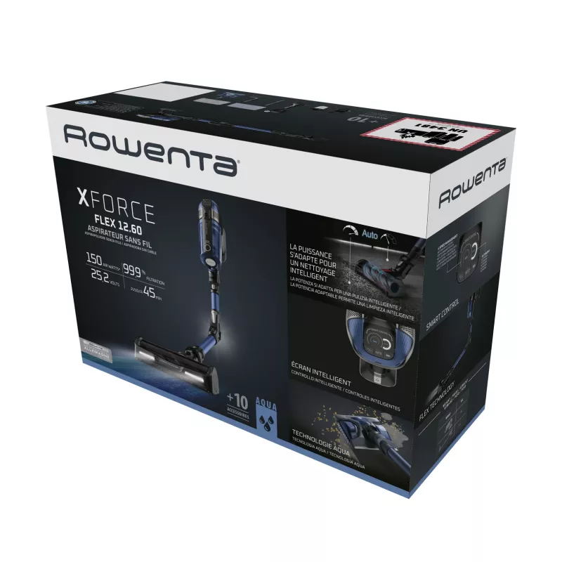 Rowenta X-Force Flex 12.60 Aqua RH98C0WO aspirador vertical sem fios 2 em 1, a seco e a húmido, sem saco, 320 W, 25,9 V, azul/cinzento