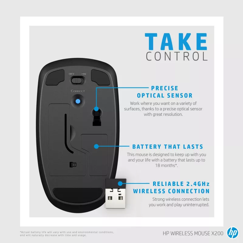 HP X200 rato sem fios 6VY95AA, ótico, 2,4 GHz, recetor USB, preto