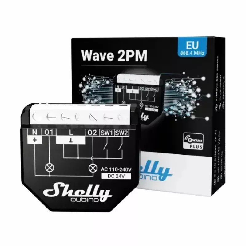 Interruptor inteligente Shelly WAVE 2PM preto (Shelly) — sem fios Z-Wave, 16 A, 110–240 V, 868,4 MHz