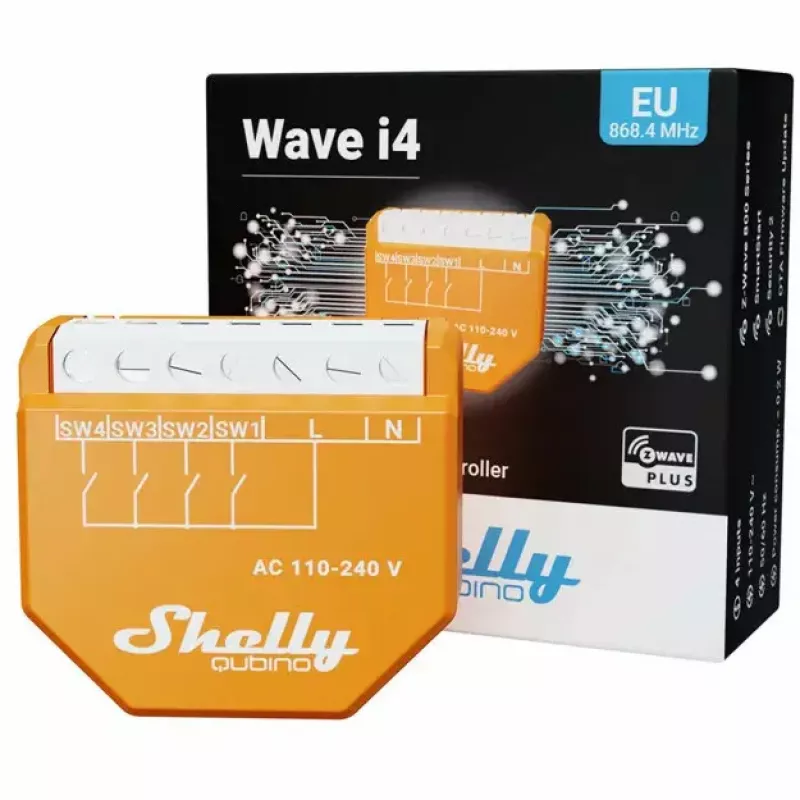Interruptor inteligente Shelly Qubino Wave i4 — controlador de cenas sem fios 110–240 V, 16 A, 50/60 Hz, laranja