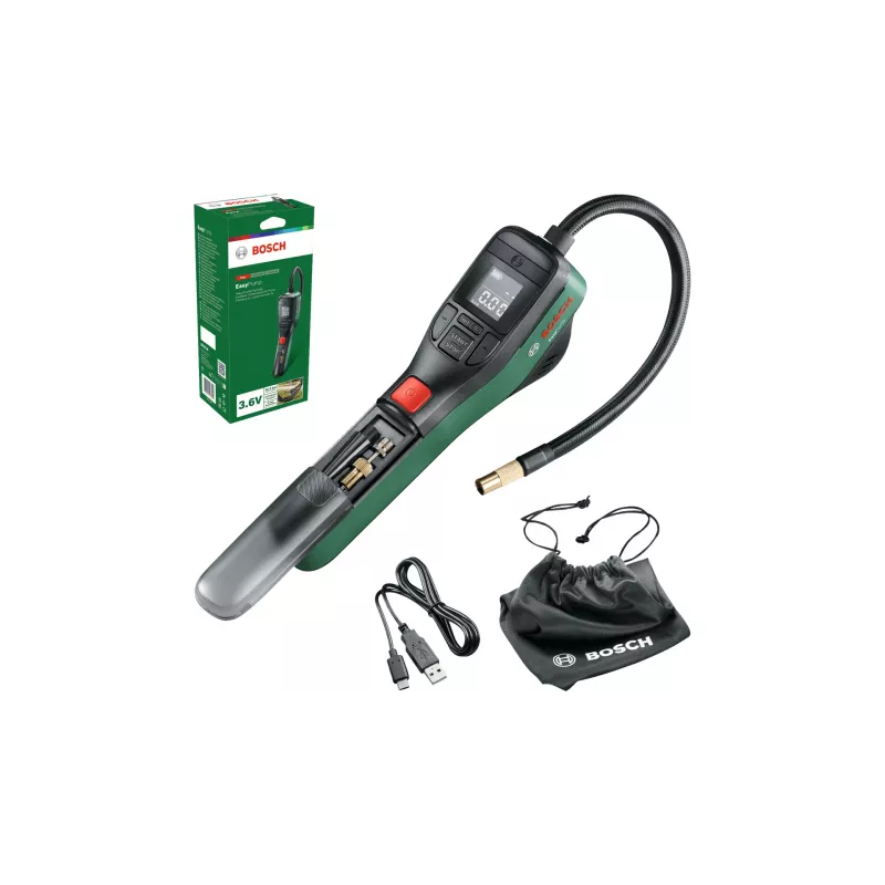 Bomba de ar elétrica Bosch 0.603.947.000 — portátil, recarregável, 10 bar (150–150 psi), 3000 mAh, USB‑C, 10 l/min, com mangueira e acessórios