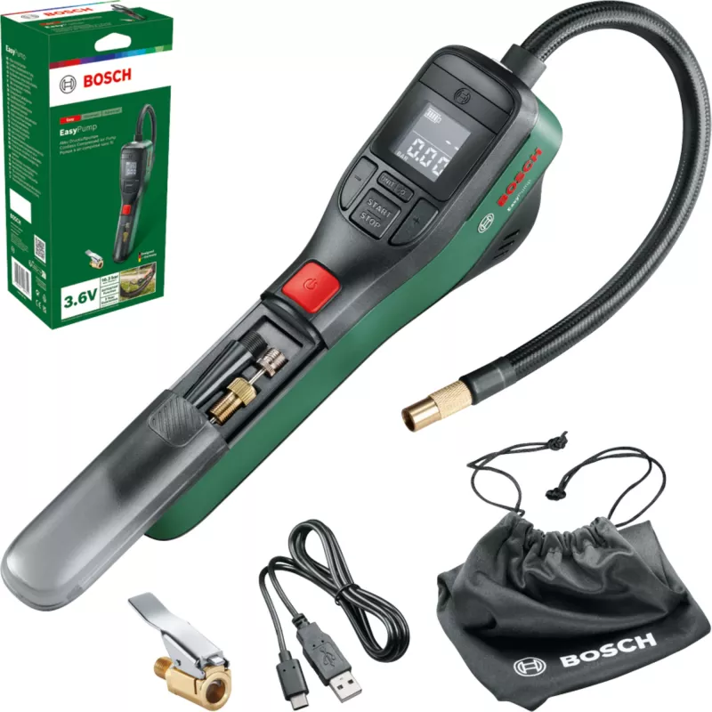 Bomba de ar elétrica Bosch 0.603.947.000 — portátil, recarregável, 10 bar (150–150 psi), 3000 mAh, USB‑C, 10 l/min, com mangueira e acessórios
