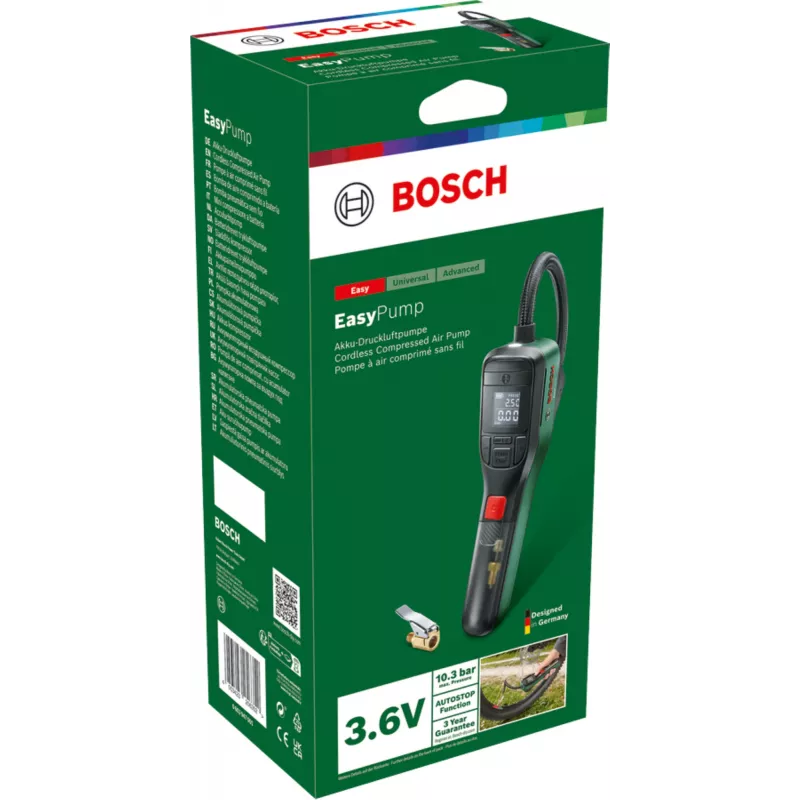 Bomba de ar elétrica Bosch 0.603.947.000 — portátil, recarregável, 10 bar (150–150 psi), 3000 mAh, USB‑C, 10 l/min, com mangueira e acessórios