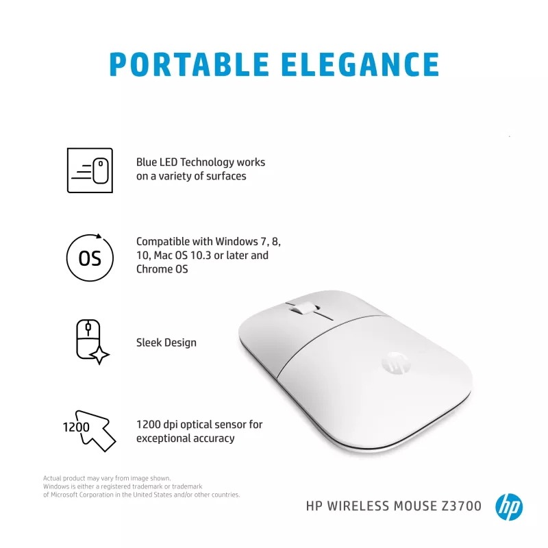 Rato sem fios HP Z3700 cerâmica branco, ambidestro, ótico, RF Wireless, 1200 DPI, prateado, branco