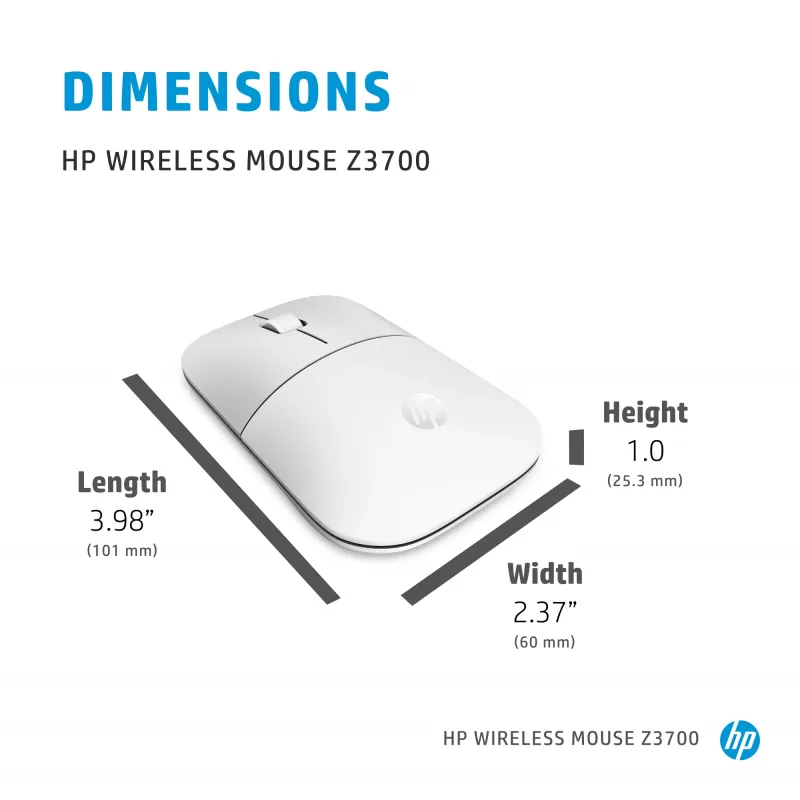 Rato sem fios HP Z3700 cerâmica branco, ambidestro, ótico, RF Wireless, 1200 DPI, prateado, branco
