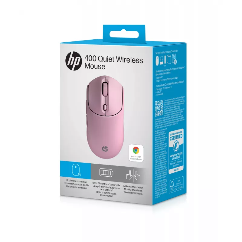 HP 400 Rato sem fios rosa silencioso, ambidestro, RF Wireless + Bluetooth, 6000 DPI, rosa