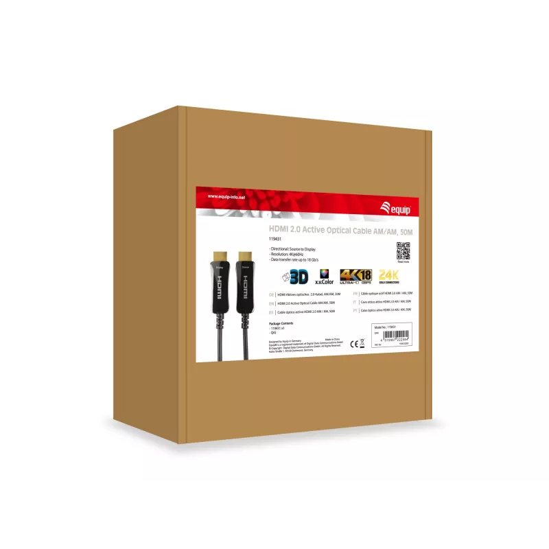 Cabo ótico ativo HDMI 2.0 Equip AM/AM, 50m, 4K/60Hz, 50 m, HDMI Type-A (Standard), HDMI Type-A (Standard), 3D, Preto