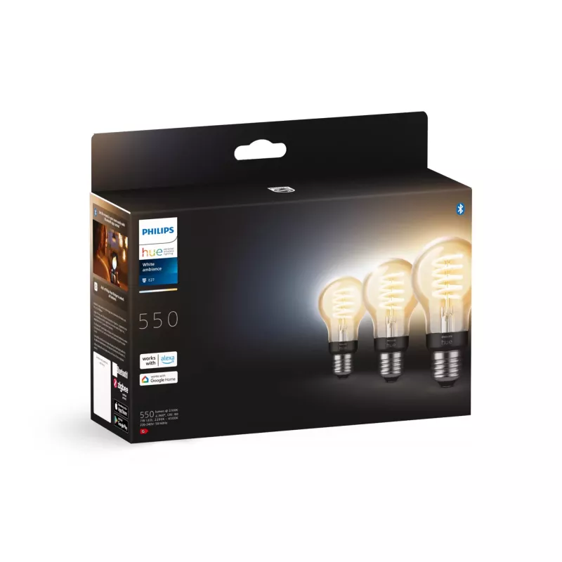 Philips Hue White Ambiance E27 A60 lâmpada inteligente de filamento, 7 W, 550 lm, 3 unidades