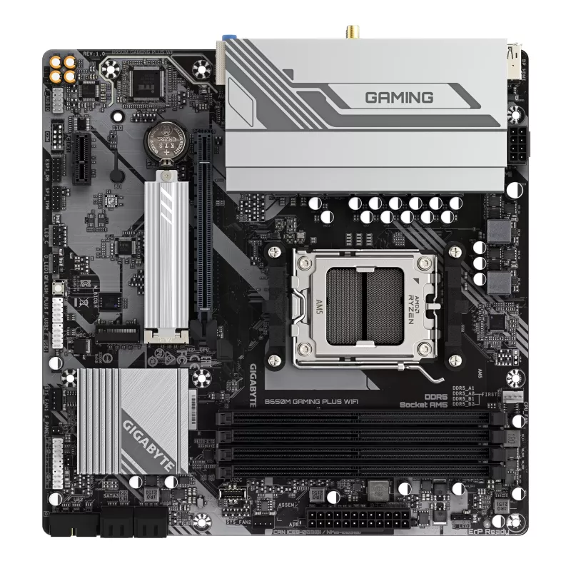 Placa-mãe GIGABYTE B650M GAMING PLUS WIFI - CPUs AMD Ryzen 9000, VRM 5+2+2 fases, até 8000 MHz DDR5, 2x PCIe 4.0 M.2, LAN 2,5 GbE, WIFI 6E, USB 3.2 Gen 1