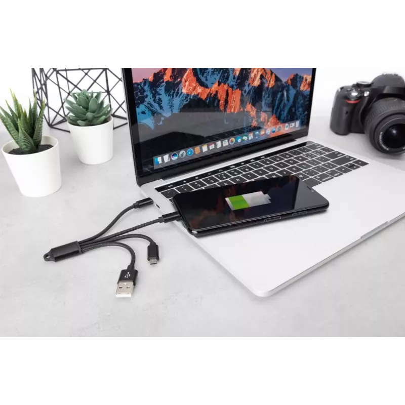 Cabo de carregamento USB DIGITUS USB A – Lightning+Micro B+Type-C M/M/M/M 15 cm Cabo 3-em-1, Algodão, CE, Preto