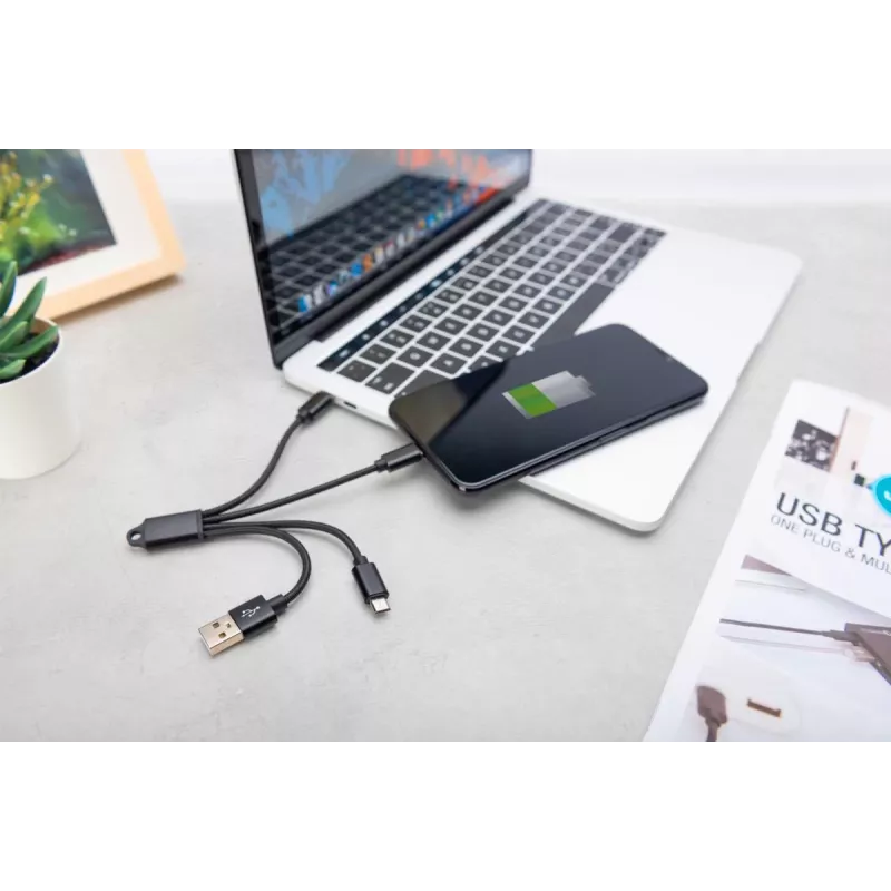 Cabo de carregamento USB DIGITUS USB A – Lightning+Micro B+Type-C M/M/M/M 15 cm Cabo 3-em-1, Algodão, CE, Preto