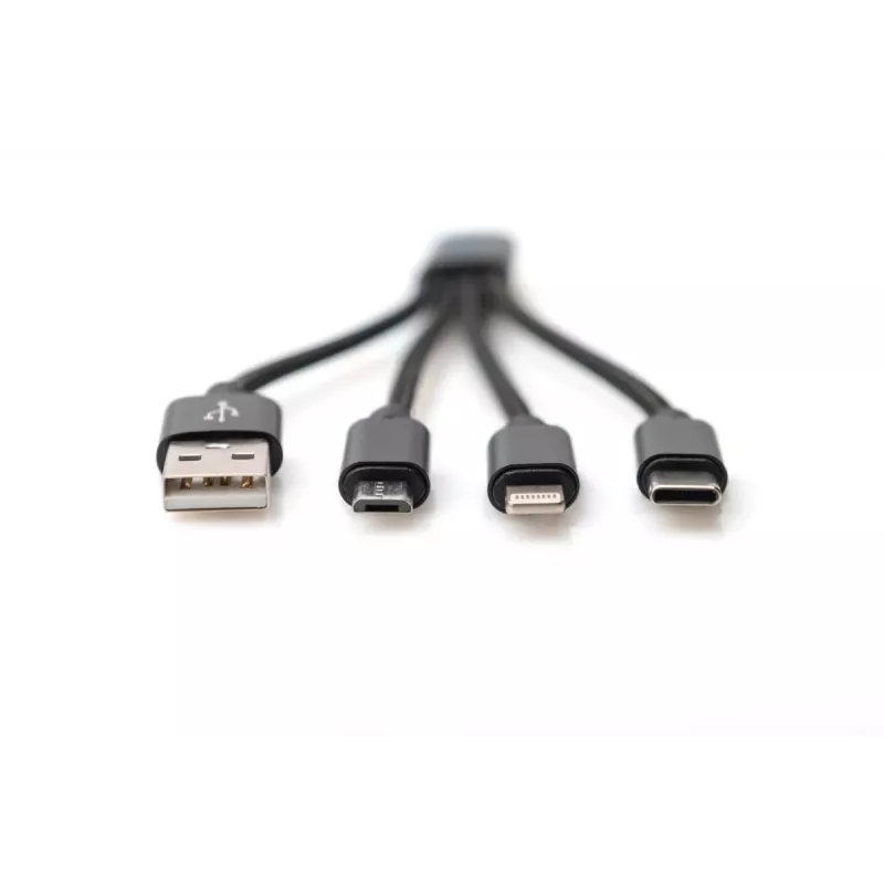 Cabo de carregamento USB DIGITUS USB A – Lightning+Micro B+Type-C M/M/M/M 15 cm Cabo 3-em-1, Algodão, CE, Preto