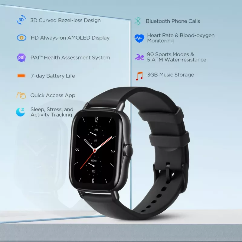 Amazfit GTS 2 smartwatch, 4,19 cm (1,65 polegadas) AMOLED, 43 mm, GPS, chamadas Bluetooth, 5 ATM, Midnight Black