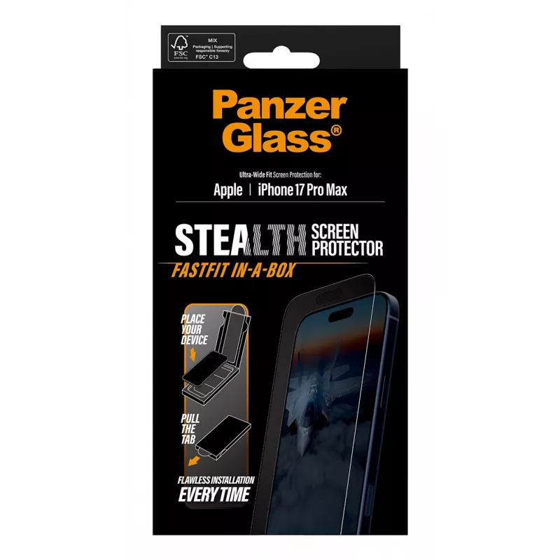 PanzerGlass ® Stealth protetor de ecrã iPhone 17 Pro Max | Ultra-Wide Fit com FASTFIT IN-A-BOX